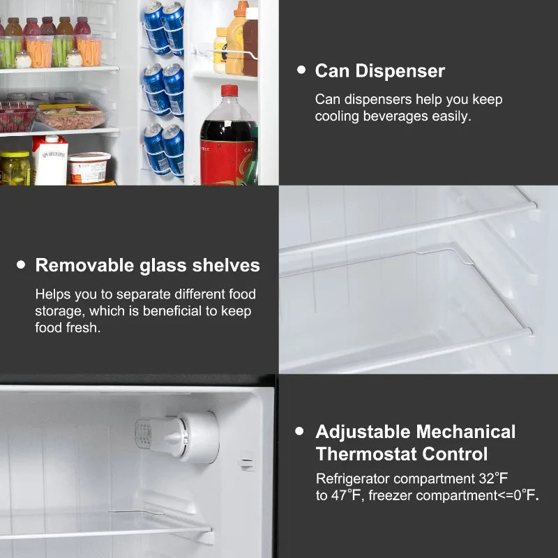 Kitchen Helper Galanz 4.6. Cu ft Two Door Mini Refrigerator with Freezer, Stainless Steel, New, Width 19.13"