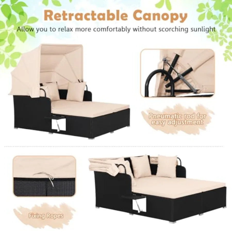 Patio Rattan Daybed with Retractable Canopy, Outdoor Wicker Sunbed Lounger with 2 Foldable Side Tables, Thick Seat and Back Cus