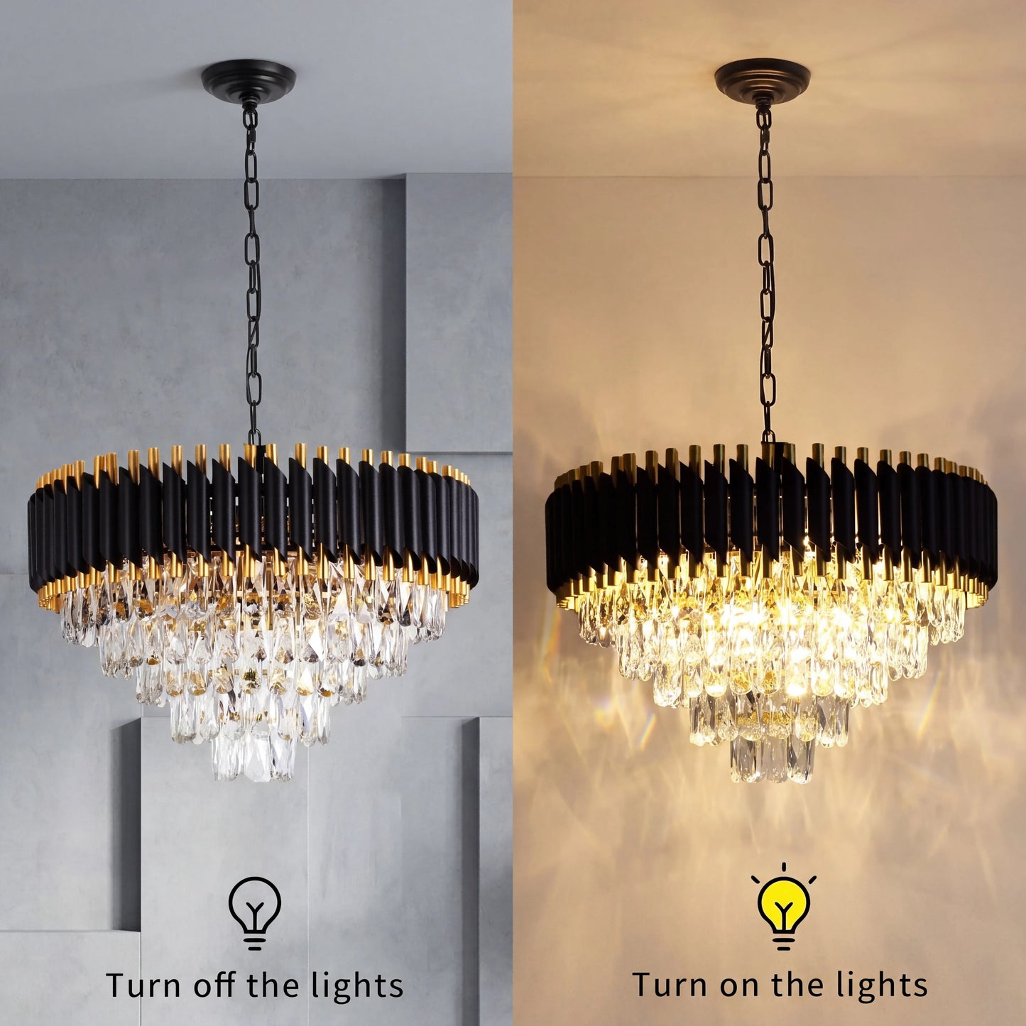 Modern Black & Gold Crystal Chandelier, Dimmable 5-Tier Round K9 Crystal Chandelier for Kitchen Island/Living Room/Bedroom