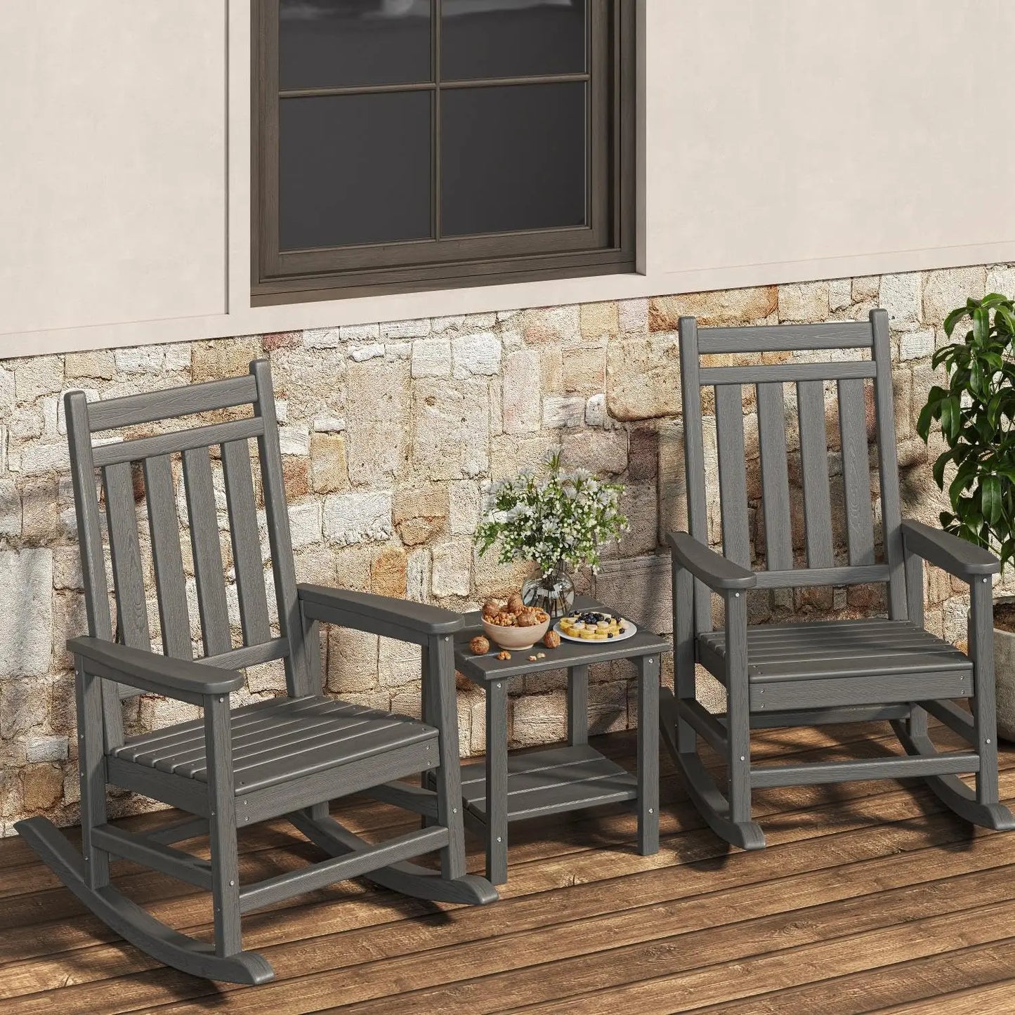 2-Piece Outdoor Poly Lumber Rocking Chair Set With Side Table, HDPE High-Back Adirondack Porch Rockers, All-Weather Resistant