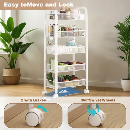 5 Tier Rolling Cart White Storage Metal Rolling Cart with 4 Lockable Wheels for Kitchen Living Room Bathroom Fruits Vegetables