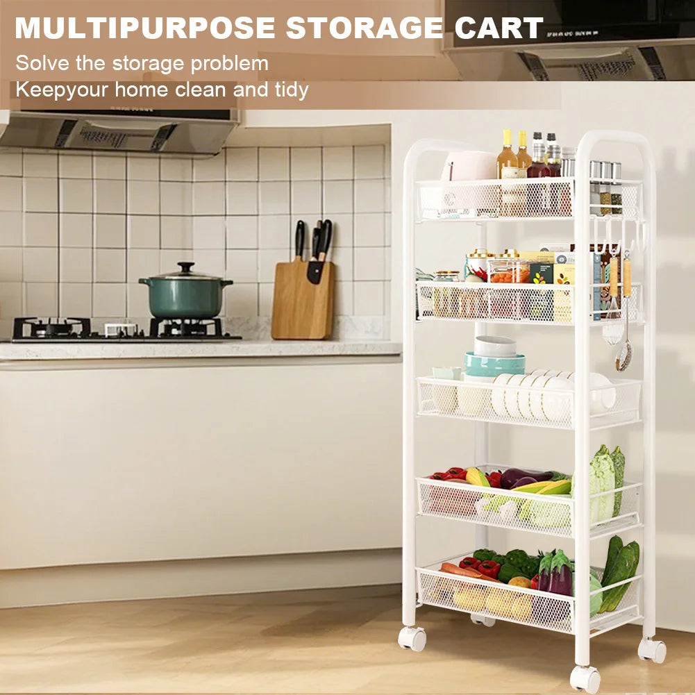 5 Tier Rolling Cart White Storage Metal Rolling Cart with 4 Lockable Wheels for Kitchen Living Room Bathroom Fruits Vegetables