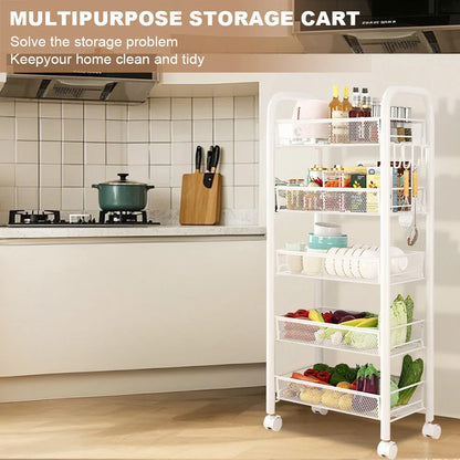 5 Tier Rolling Cart White Storage Metal Rolling Cart with 4 Lockable Wheels for Kitchen Living Room Bathroom Fruits Vegetables