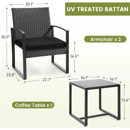 3 Piece Wicker Patio Bistro Set with Coffee Table Rattan Conversation Furniture for Balcony Garden Poolside Porch Yard Black