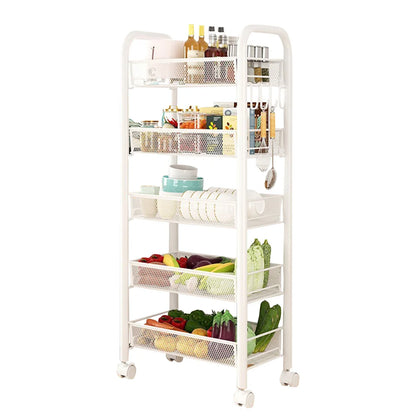5 Tier Rolling Cart White Storage Metal Rolling Cart with 4 Lockable Wheels for Kitchen Living Room Bathroom Fruits Vegetables