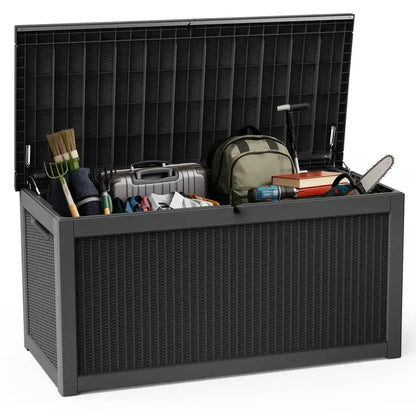 320 Gallon Deck Box, Outdoor Large Waterproof Resin Storage Box with Lockable Lid for Patio Cushions, Gardening Tools Black320
