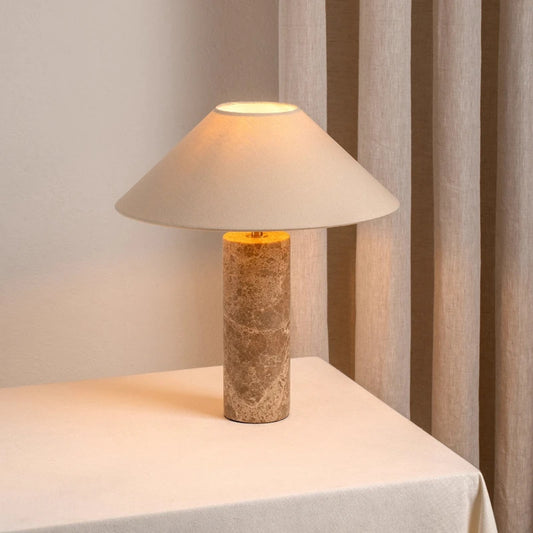 Nordic Cylindrical LED Table Lamp with Marble Base White Fabric Shade for Living Room Study Restaurant Bedroom Home Decor