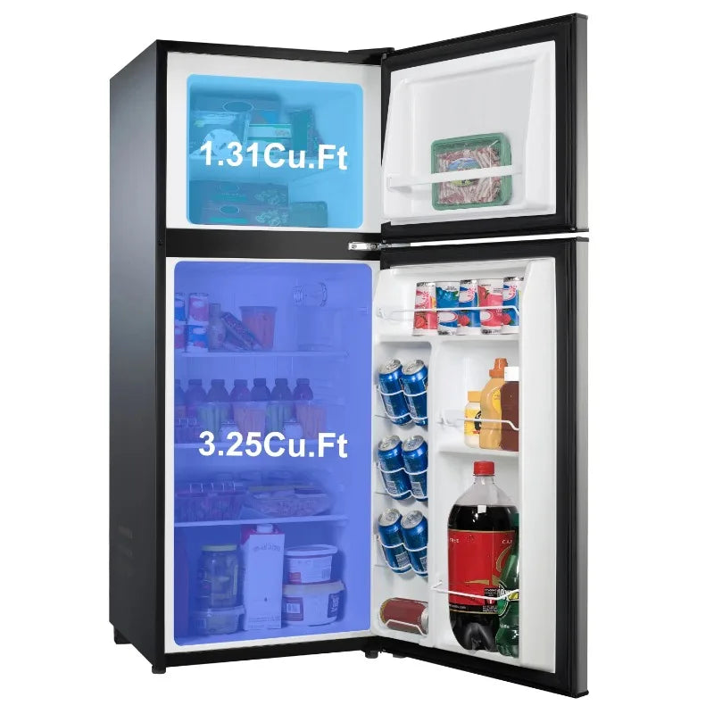 Kitchen Helper Galanz 4.6. Cu ft Two Door Mini Refrigerator with Freezer, Stainless Steel, New, Width 19.13"