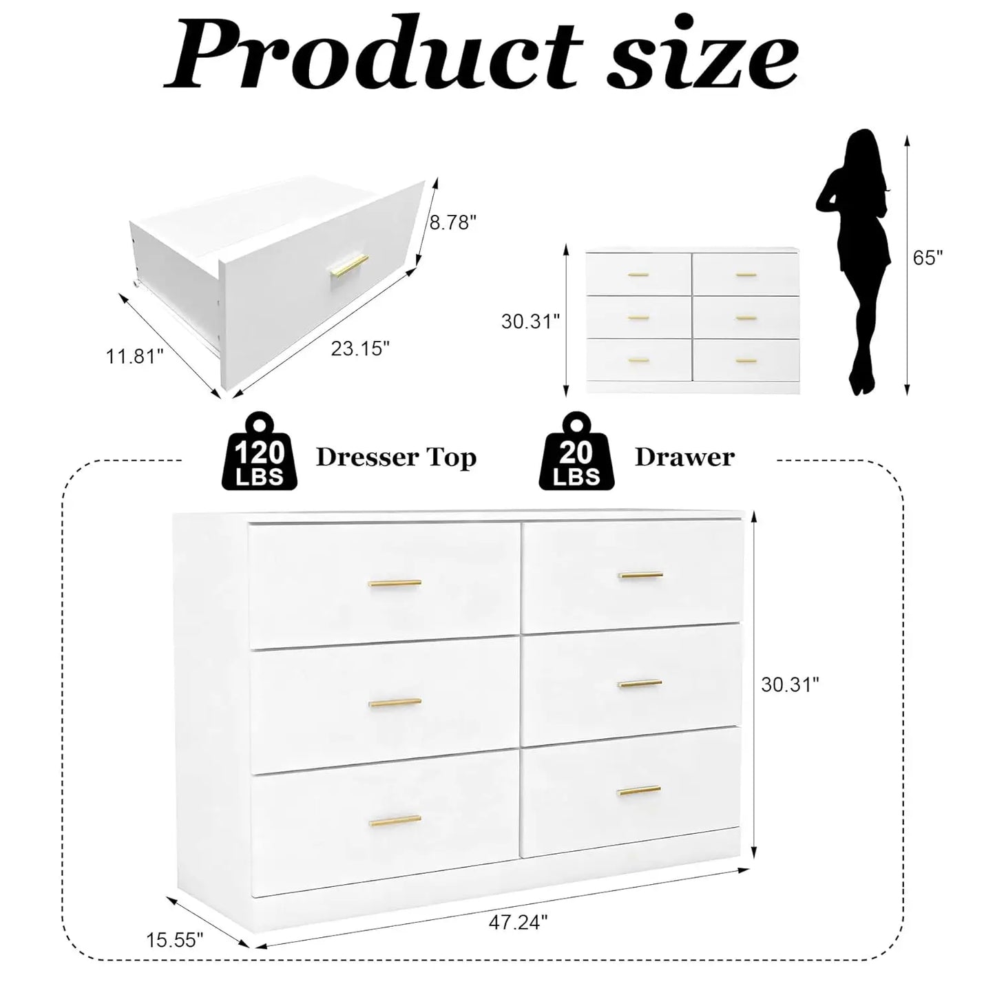 Modern White 6-Drawer Dresser for Bedroom