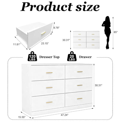 Modern White 6-Drawer Dresser for Bedroom