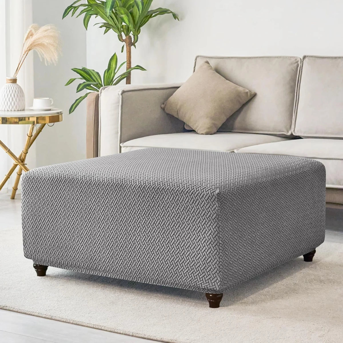 T-Shape Jacquard Square Stool Cover Ottoman Stool Cover Elastic Sofa Footrest Slipcovers for Living Room Office Home Decor