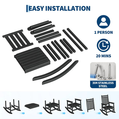 2-Piece Outdoor Poly Lumber Rocking Chair Set With Side Table, HDPE High-Back Adirondack Porch Rockers, All-Weather Resistant