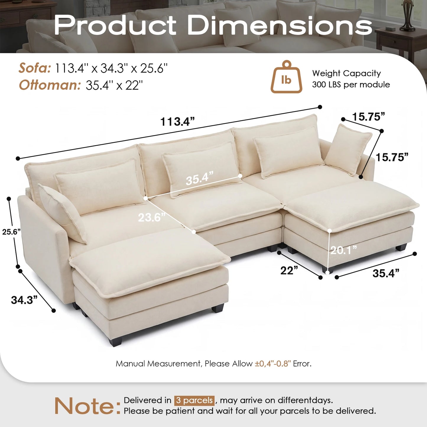 Redlife 113.4" Modular Sectional Sofa with Ottoman