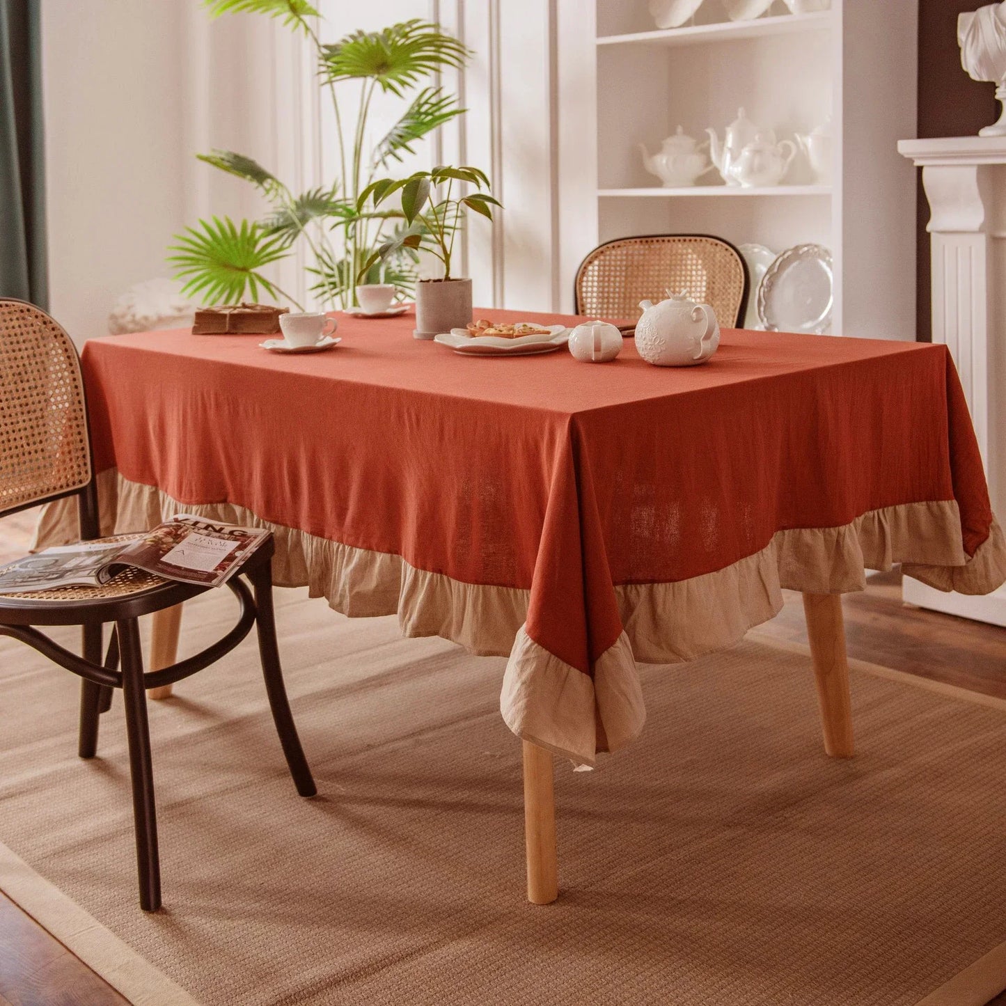 100% Cotton Table Cloth Washable Tablecloth for Wedding Party Dining Banquet Decoration Luxuriou Table Cover Flounce Stitching