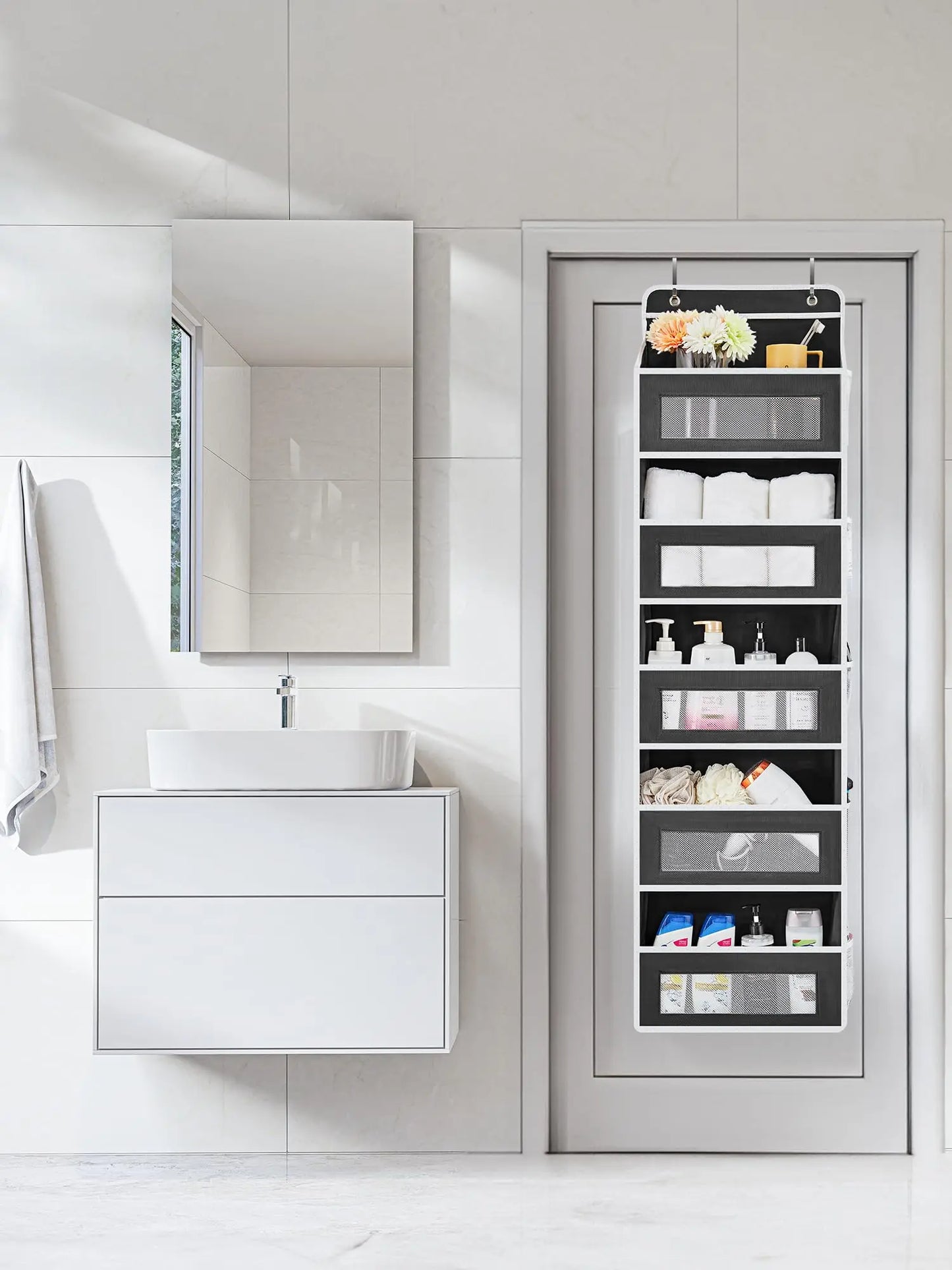 Over the Door 5‑Shelf Organizer, Large Pockets, Anti‑Tilt 44lb Load, Hanging Storage for Bedroom, Bathroom, Pantry, Nursery, Bla