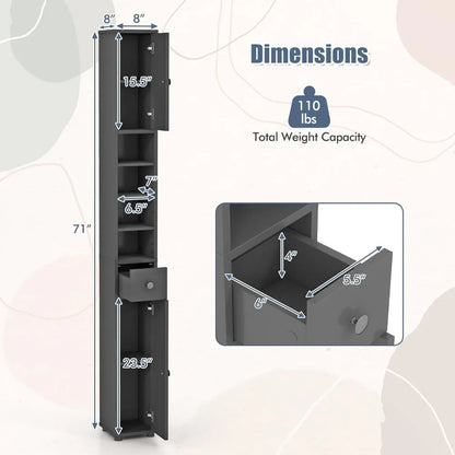 Bathroom Storage Cabinet - 71” Tall Narrow Floor Cabinet Cupboard with 2 Doors, 5 Adjustable Shelves, 1 Drawer, Ant