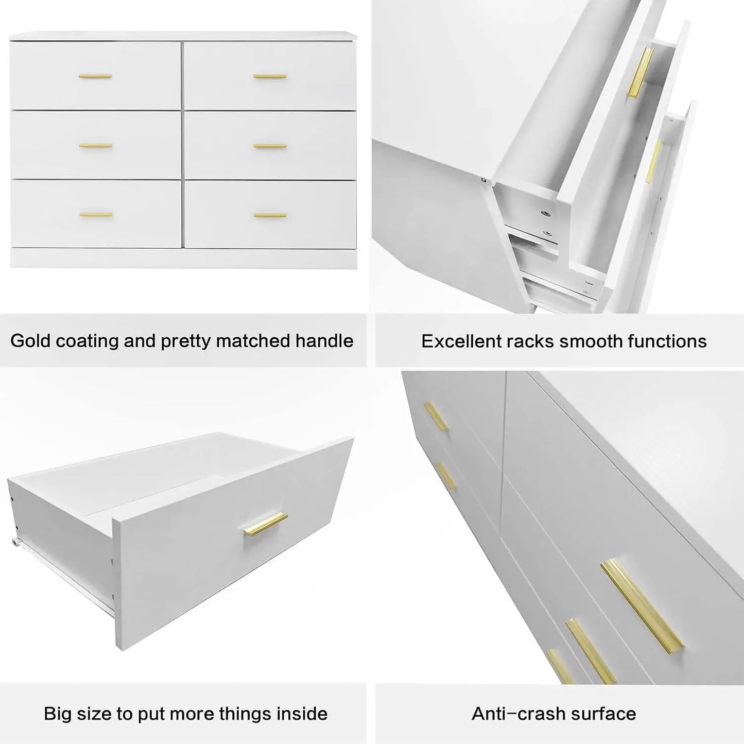 Modern White 6-Drawer Dresser for Bedroom