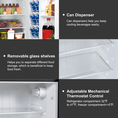 Kitchen Helper Galanz 4.6. Cu ft Two Door Mini Refrigerator with Freezer, Stainless Steel, New, Width 19.13"
