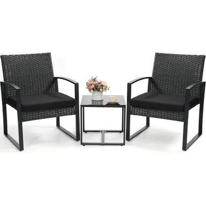 3 Piece Wicker Patio Bistro Set with Coffee Table Rattan Conversation Furniture for Balcony Garden Poolside Porch Yard Black