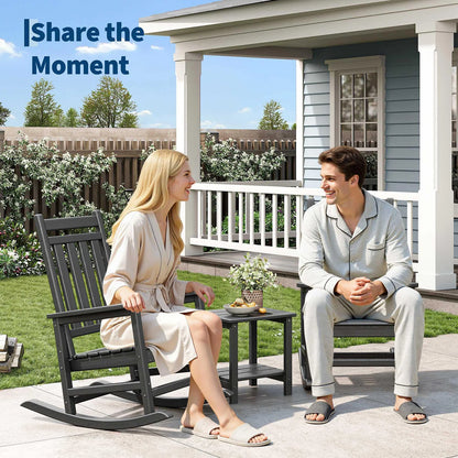 2-Piece Outdoor Poly Lumber Rocking Chair Set With Side Table, HDPE High-Back Adirondack Porch Rockers, All-Weather Resistant