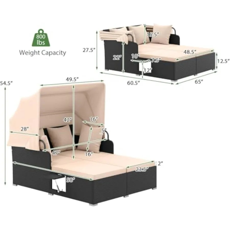 Patio Rattan Daybed with Retractable Canopy, Outdoor Wicker Sunbed Lounger with 2 Foldable Side Tables, Thick Seat and Back Cus