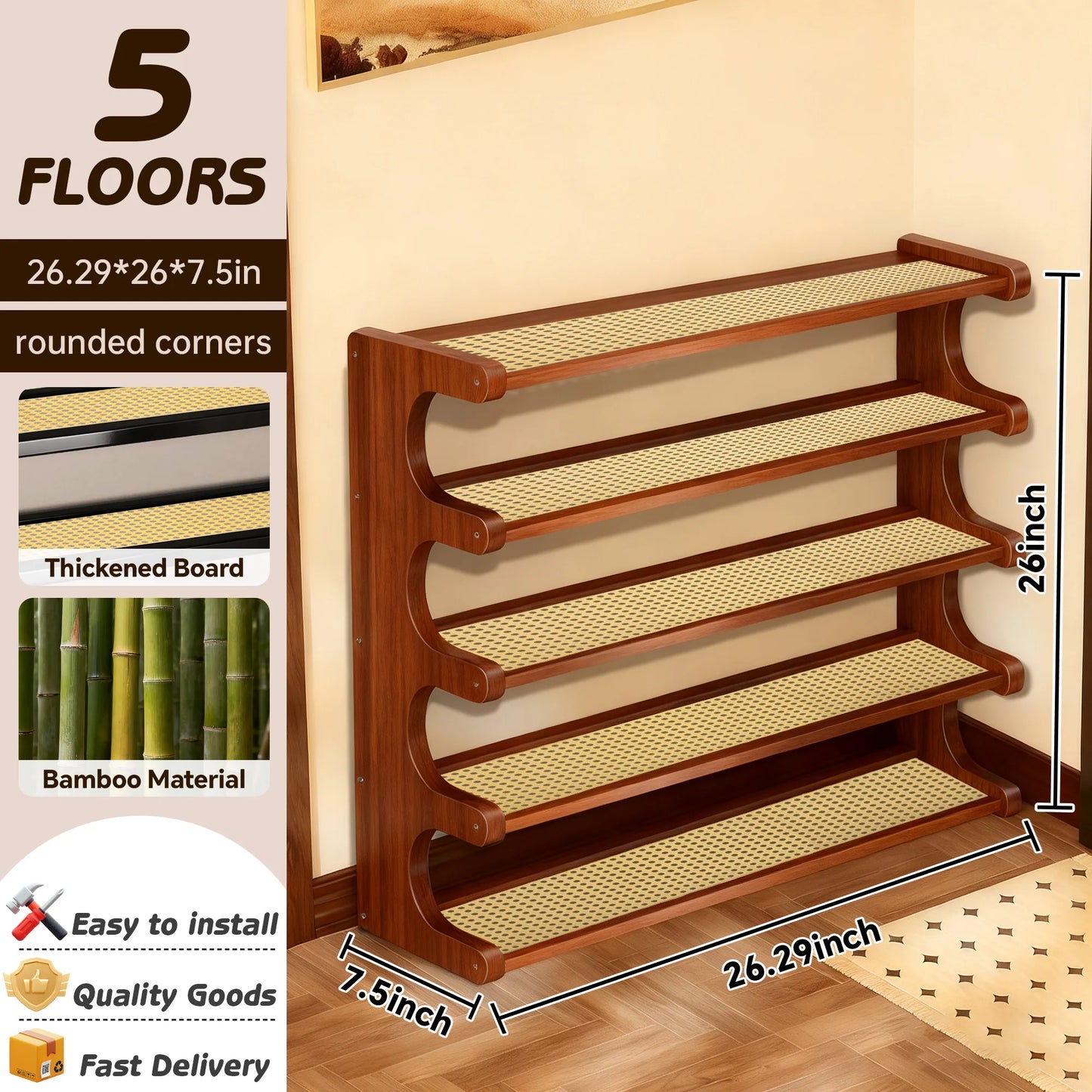 A five-layer practical heavy-duty bamboo shoe rack and storage shelf. Available in three colors.