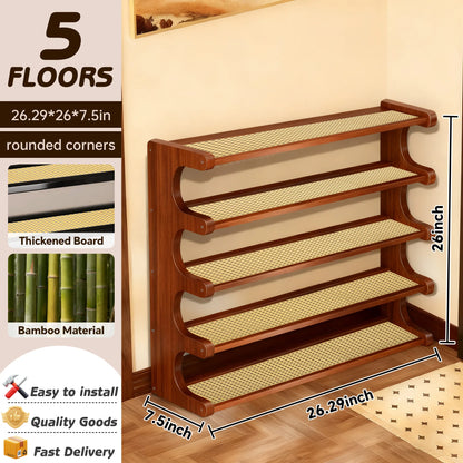 A five-layer practical heavy-duty bamboo shoe rack and storage shelf. Available in three colors.