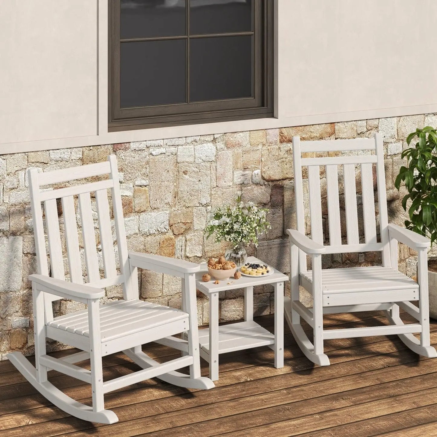 2-Piece Outdoor Poly Lumber Rocking Chair Set With Side Table, HDPE High-Back Adirondack Porch Rockers, All-Weather Resistant