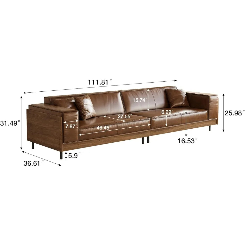 Mid-Century Modern Leather Sofa 111.81 with Wooden Accents on Sides & Back, Spacious 3 - Seat Couch for Living Room, Bedroom