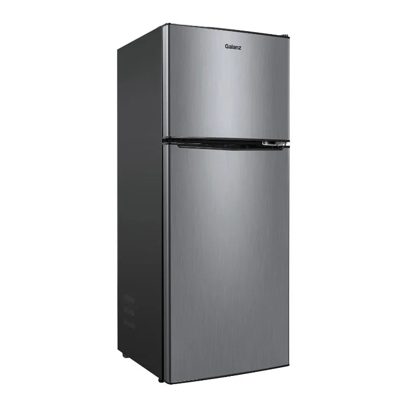 Kitchen Helper Galanz 4.6. Cu ft Two Door Mini Refrigerator with Freezer, Stainless Steel, New, Width 19.13"