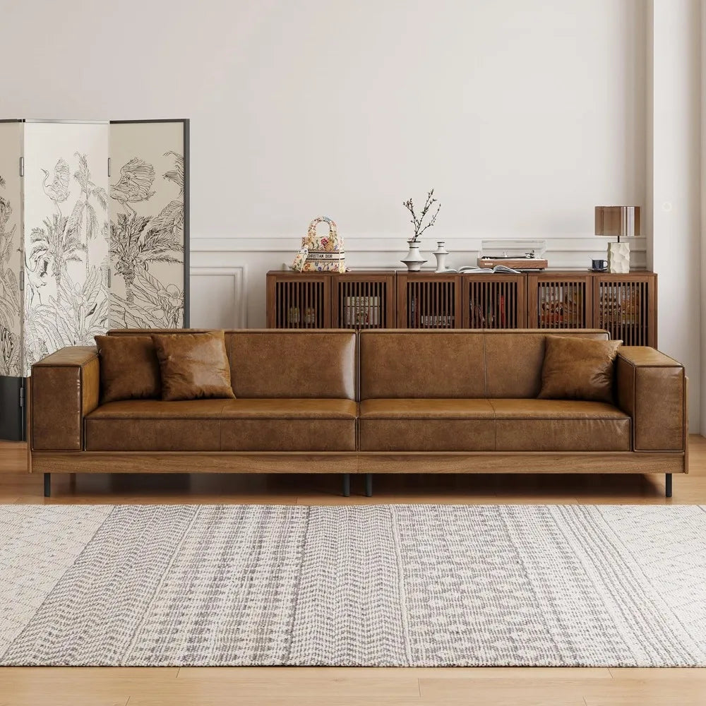 Mid-Century Modern Leather Sofa 111.81 with Wooden Accents on Sides & Back, Spacious 3 - Seat Couch for Living Room, Bedroom