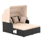 Patio Rattan Daybed with Retractable Canopy, Outdoor Wicker Sunbed Lounger with 2 Foldable Side Tables, Thick Seat and Back Cus