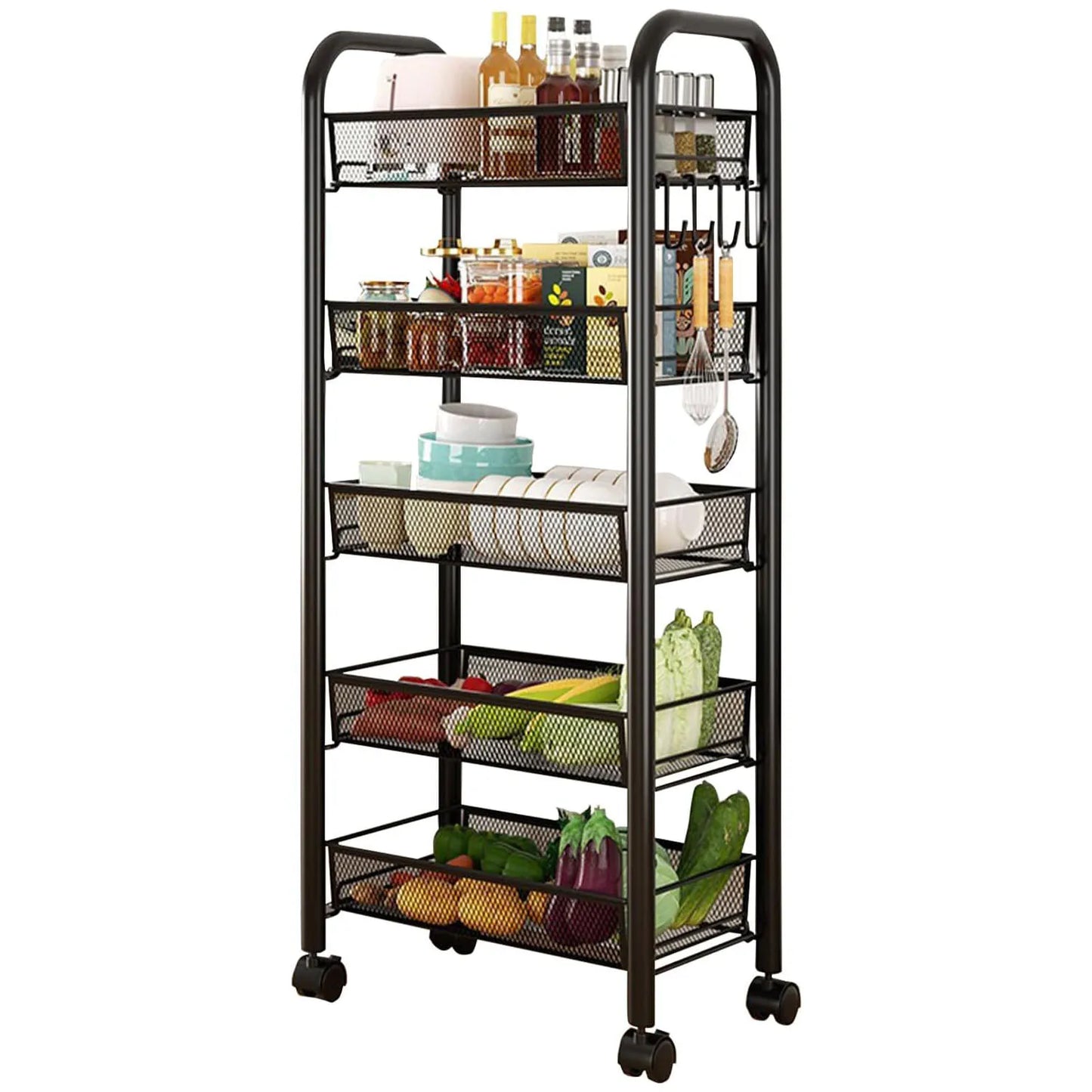 5 Tier Rolling Cart White Storage Metal Rolling Cart with 4 Lockable Wheels for Kitchen Living Room Bathroom Fruits Vegetables