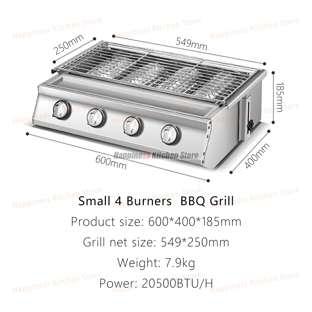4 Burners BBQ Grill Garden LPG Gas Grill Gas Stoves Stainless Steel Burners With Covers Outdoors Camping Barbecue 549*250mm Net