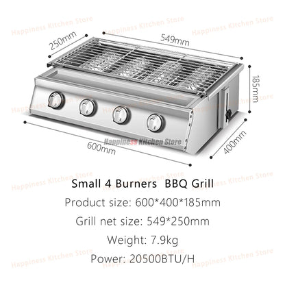 4 Burners BBQ Grill Garden LPG Gas Grill Gas Stoves Stainless Steel Burners With Covers Outdoors Camping Barbecue 549*250mm Net