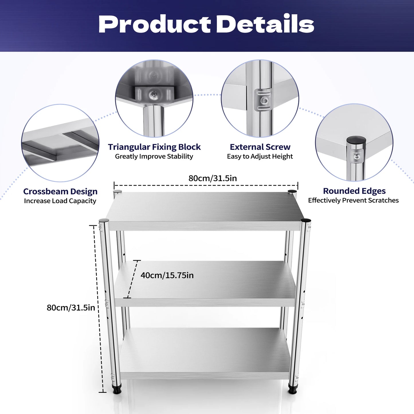 3-Tier Stainless Steel Work Table 80*40*80cm Large-Capacity Kitchen Storage Rack for Kitchen Garage school, Height Adjustable