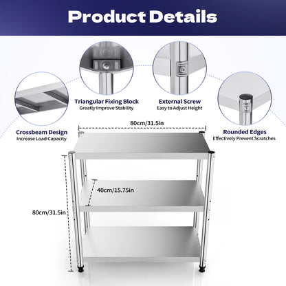 3-Tier Stainless Steel Work Table 80*40*80cm Large-Capacity Kitchen Storage Rack for Kitchen Garage school, Height Adjustable