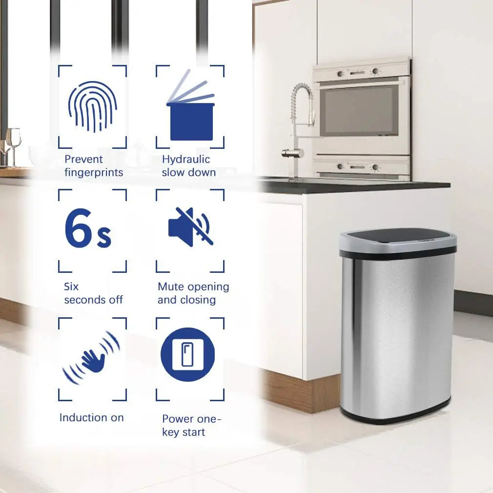 Automatic Touchless 13-Gallon Stainless Steel Trash Can with Odor Control, Modern Oval Design for Kitchen Bathroom Office
