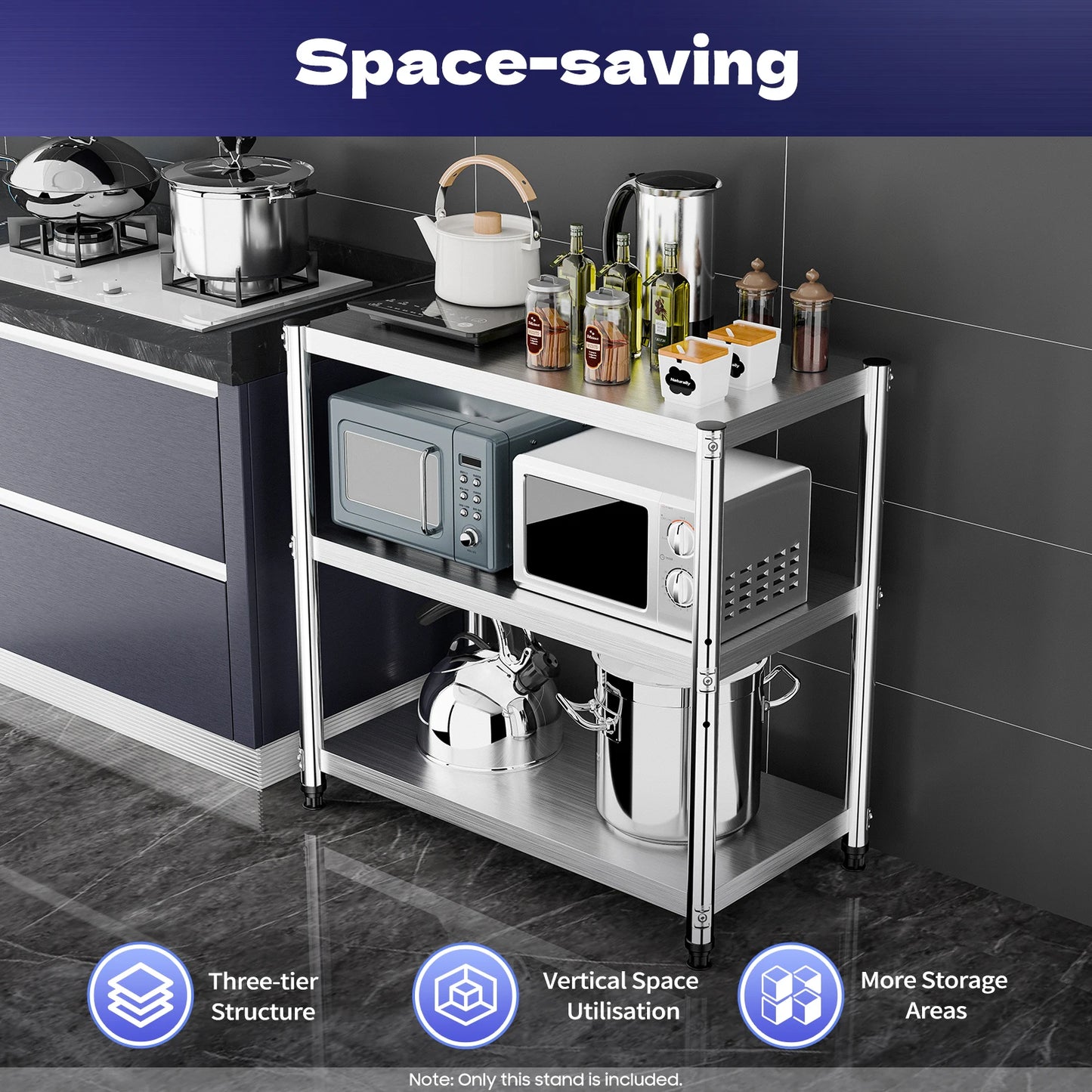 3-Tier Stainless Steel Work Table 80*40*80cm Large-Capacity Kitchen Storage Rack for Kitchen Garage school, Height Adjustable