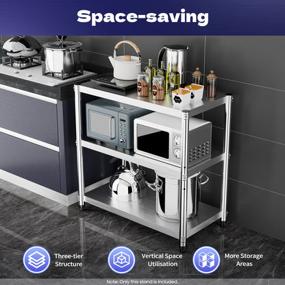3-Tier Stainless Steel Work Table 80*40*80cm Large-Capacity Kitchen Storage Rack for Kitchen Garage school, Height Adjustable