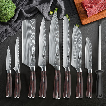 MDHAND 8pcs Kitchen Knife Damascus Stainless Steel Chef Knife Utility Paring Boning Cleaver Slicing Santoku Knives Nylon Bag