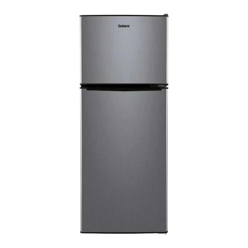 Kitchen Helper Galanz 4.6. Cu ft Two Door Mini Refrigerator with Freezer, Stainless Steel, New, Width 19.13"