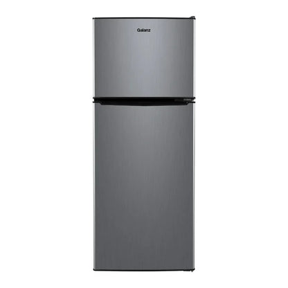 Kitchen Helper Galanz 4.6. Cu ft Two Door Mini Refrigerator with Freezer, Stainless Steel, New, Width 19.13"