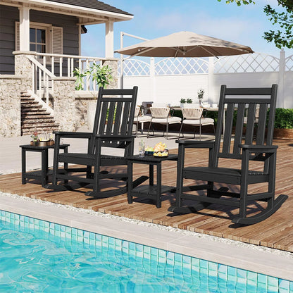 2-Piece Outdoor Poly Lumber Rocking Chair Set With Side Table, HDPE High-Back Adirondack Porch Rockers, All-Weather Resistant