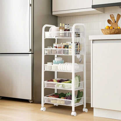 5 Tier Rolling Cart White Storage Metal Rolling Cart with 4 Lockable Wheels for Kitchen Living Room Bathroom Fruits Vegetables