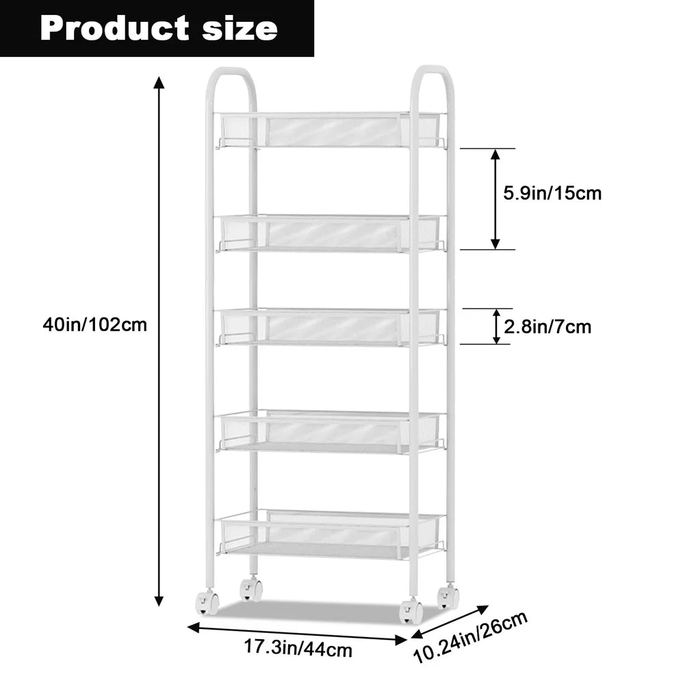 5 Tier Rolling Cart White Storage Metal Rolling Cart with 4 Lockable Wheels for Kitchen Living Room Bathroom Fruits Vegetables