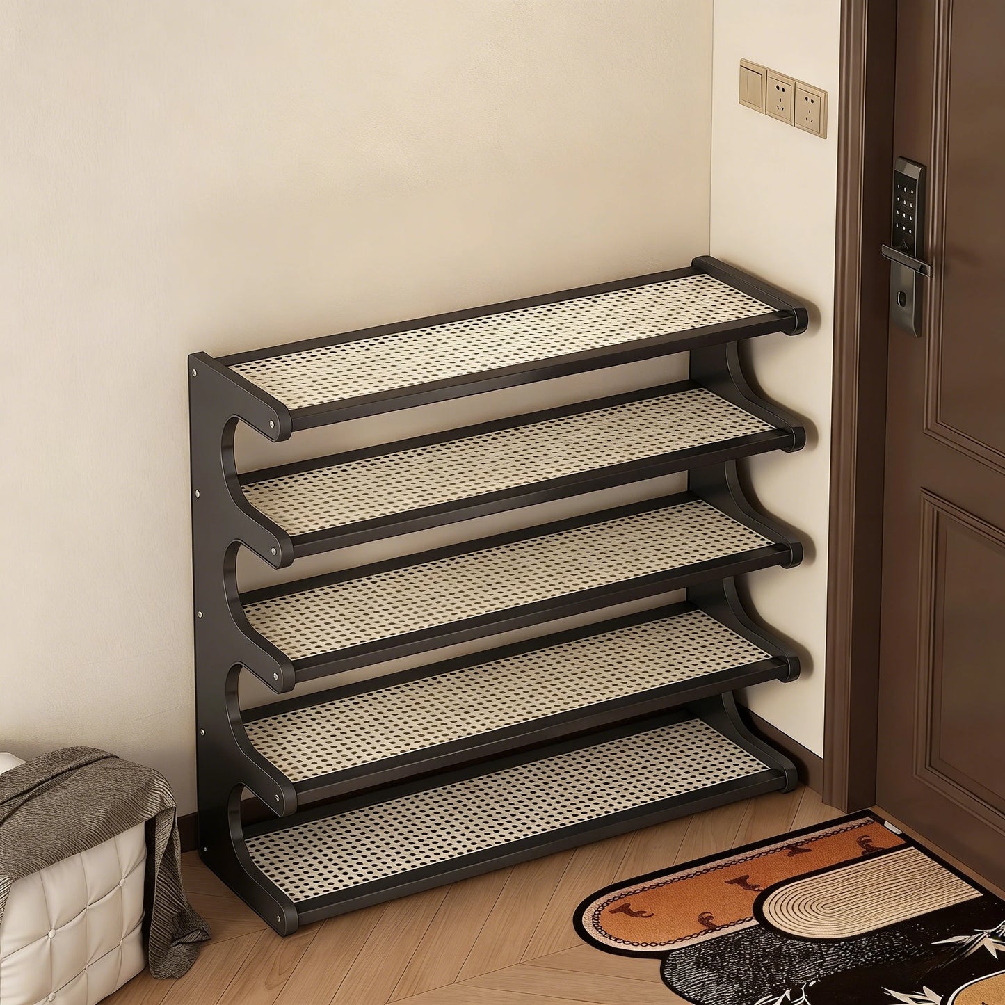 A five-layer practical heavy-duty bamboo shoe rack and storage shelf. Available in three colors.