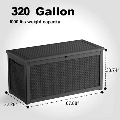 320 Gallon Deck Box, Outdoor Large Waterproof Resin Storage Box with Lockable Lid for Patio Cushions, Gardening Tools Black320