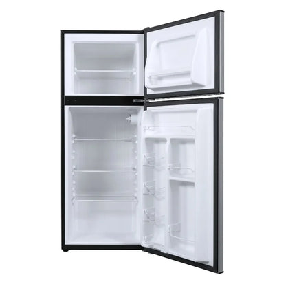 Kitchen Helper Galanz 4.6. Cu ft Two Door Mini Refrigerator with Freezer, Stainless Steel, New, Width 19.13"