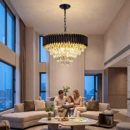 Modern Black & Gold Crystal Chandelier, Dimmable 5-Tier Round K9 Crystal Chandelier for Kitchen Island/Living Room/Bedroom